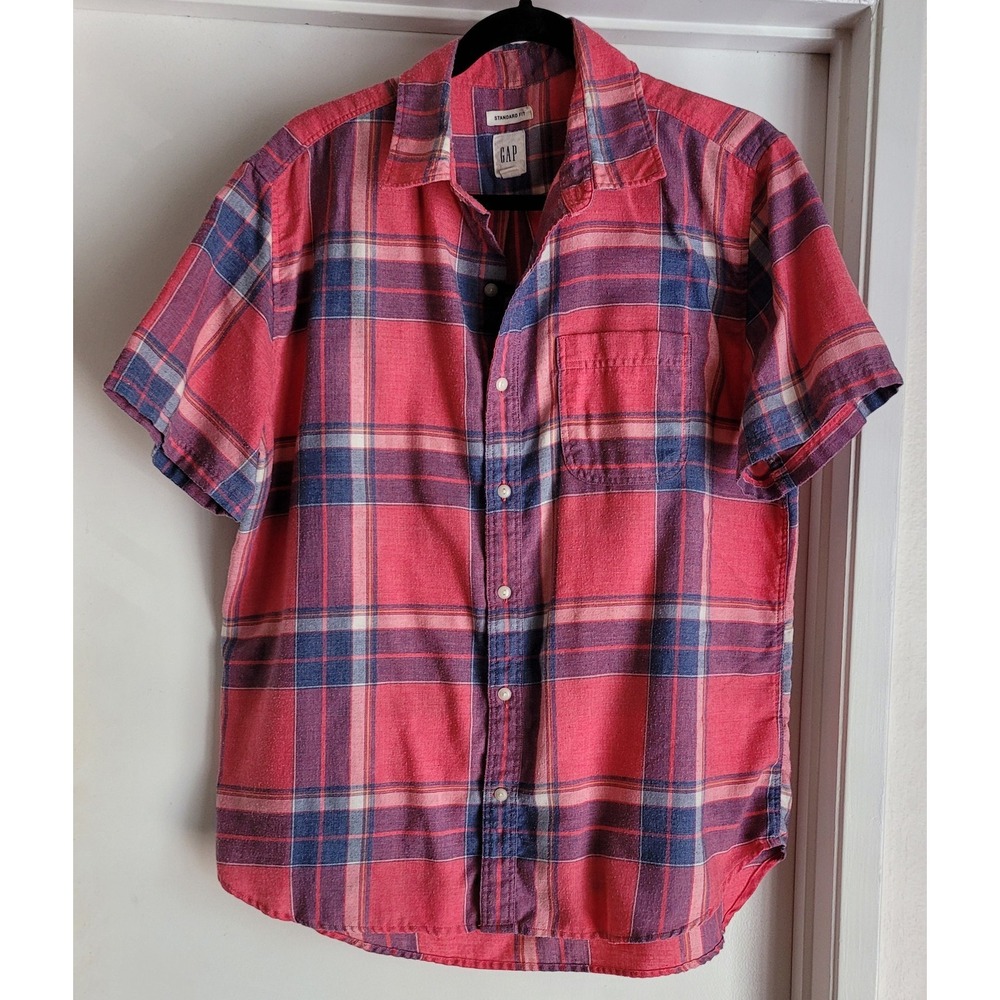 Gap Men's L Plaid Short Sleeve Button-Up Shirt Red Blue Collared Top